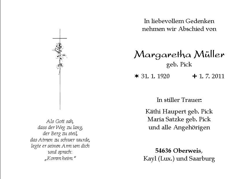 Frau Margaretha Müller