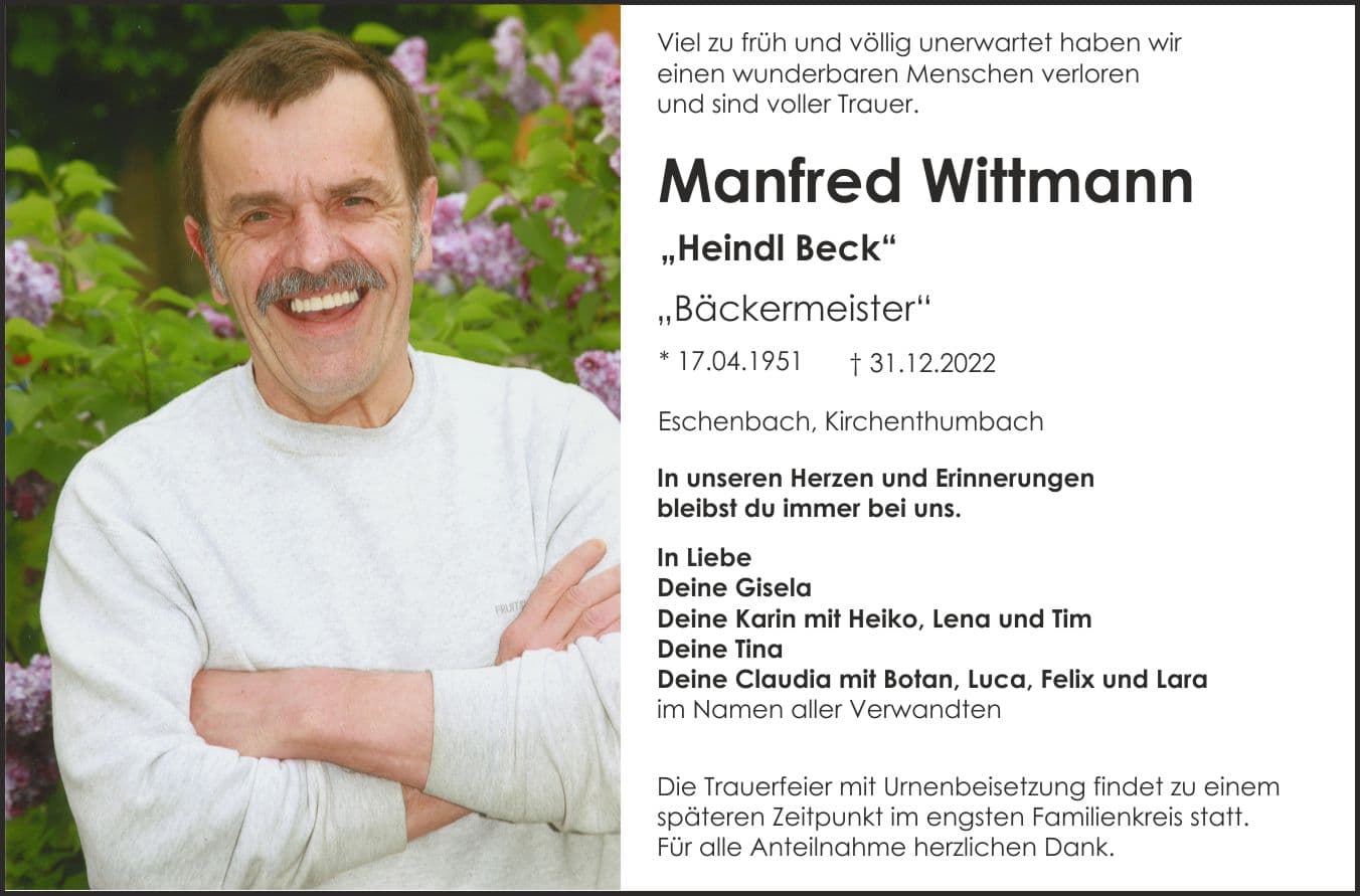 Herr Manfred Wittmann \"Heindl Beck\",","1951-04-17