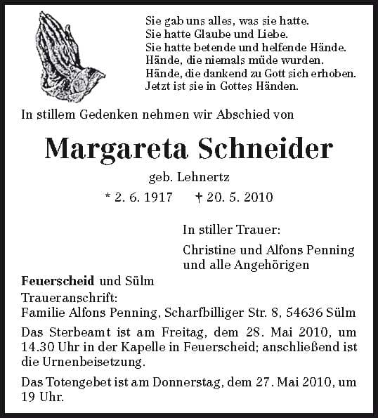 Frau Margareta Schneider